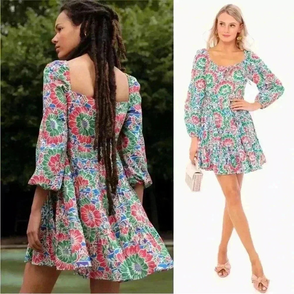 RIXO London Roxy Long Sleeve Mini Dress Hibiscus Floral Cotton swing Medium - Picture 2 of 11